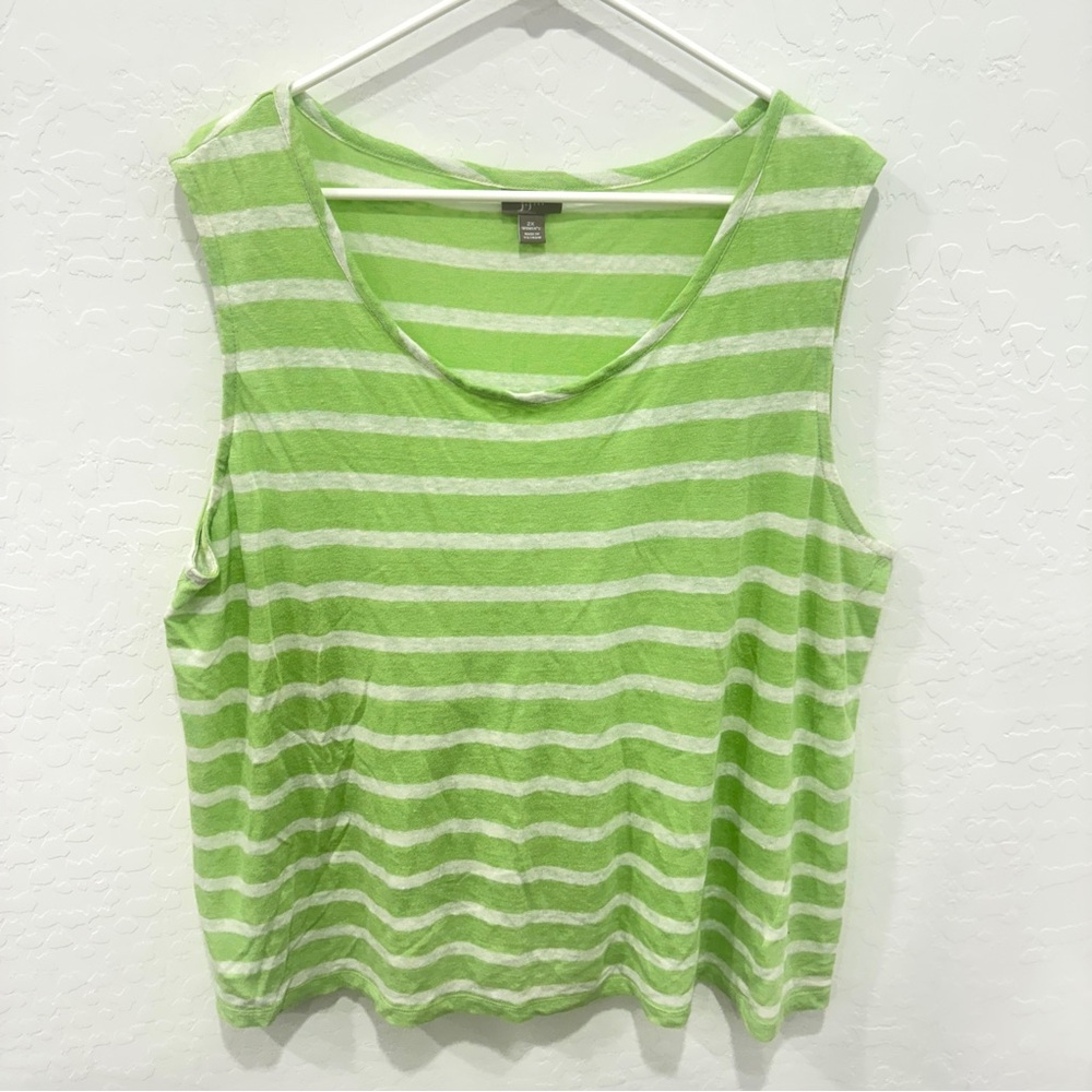 J. Jill Tank Top Womens 2X Linen Green White Striped Spring Summer Lagenlook